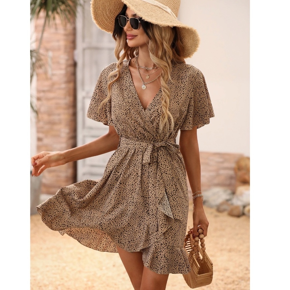 Mocha Brown with Black Spotted Print Wrap Mini Dress Short Sleeves Belted